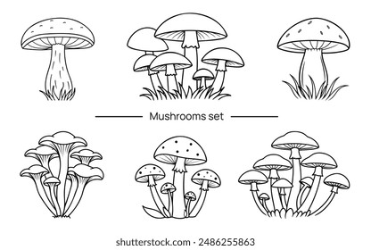 Vector set of mushrooms in line art style, doodle