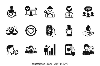 Juego de vectores de aplicación de música, Tos y Anillos de boda conjunto simple. Reparman, Diana cardíaca e íconos de cuidado del agua. Clasificación de corazón, acceso en línea y carteles de Share. Símbolo web simple de aplicación musical. Vector