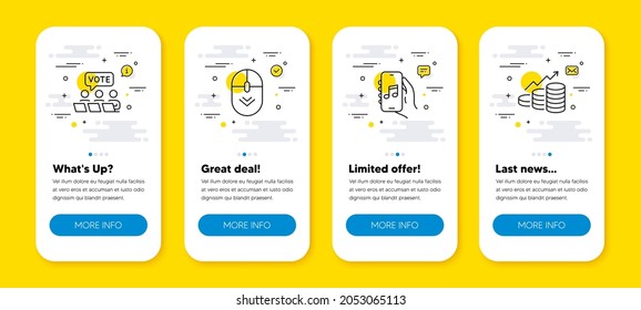 Vector set of Music app, Online voting and Scroll down line icons set. UI phone app screens with line icons. Growth chart icon. Musical note, Internet poll, Mouse swipe. Money profit. Vector