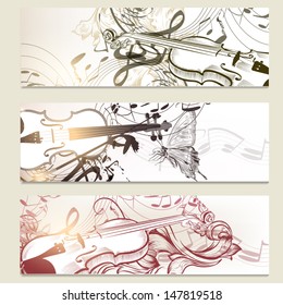Vector set of  music background with violins, ornament and notes