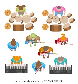 Vector set. The music band. Top view. Musicians and singers. View from above.