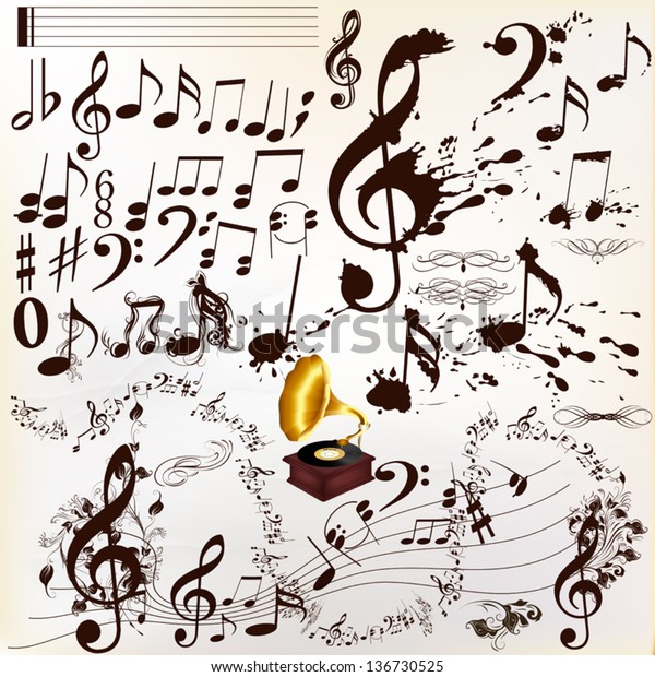 Vector set of music elements for design.\
Calligraphic vector