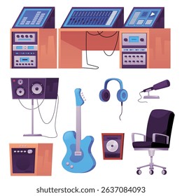 Vector set of music equipment with mixer, guitar, headphones, microphone, speakers, equalizer. Interior furniture, accessories, instruments for sound recording studio. Flat style.