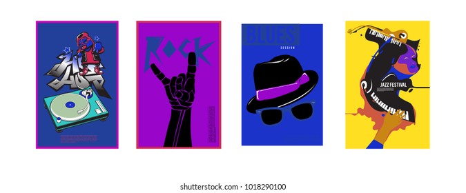 Vector set of music event poster design template. Rock, jazz, blues and hip hop poster design. Eps 10. 