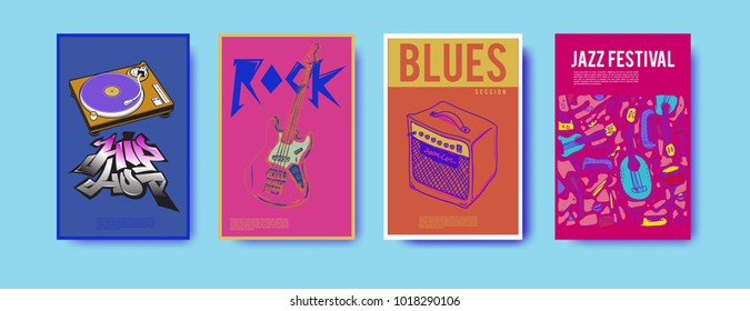 Vector set of music event poster design template. Rock, jazz, blues and hip hop poster design. Eps 10. 
