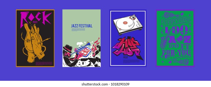 Vector set of music event poster design template. Rock, jazz, blues and hip hop poster design. Eps 10. 