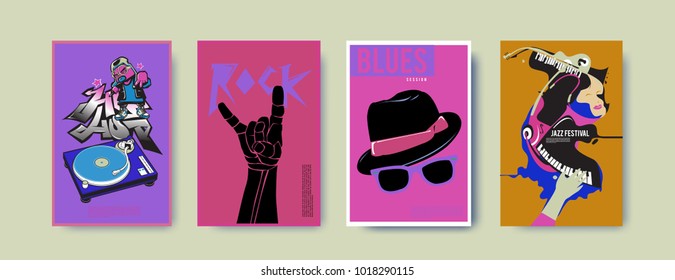 Vector set of music event poster design template. Rock, jazz, blues and hip hop poster design. Eps 10. 