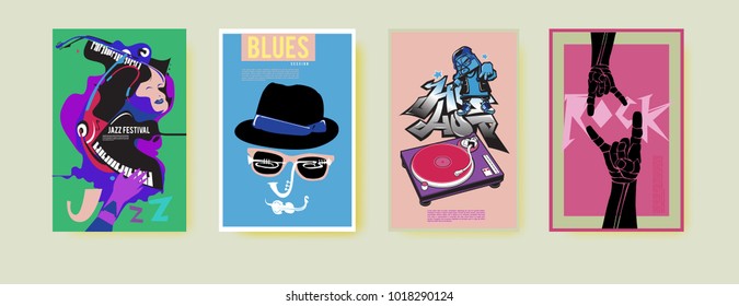 Vector set of music event poster design template. Rock, jazz, blues and hip hop poster design. Eps 10. 