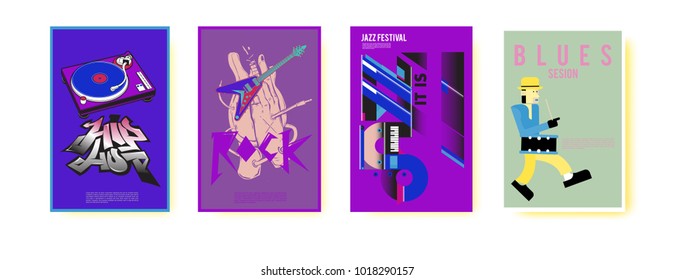 Vector set of music event poster design template. Rock, jazz, blues and hip hop poster design. Eps 10. 