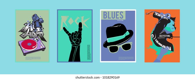 Vector set of music event poster design template. Rock, jazz, blues and hip hop poster design. Eps 10. 