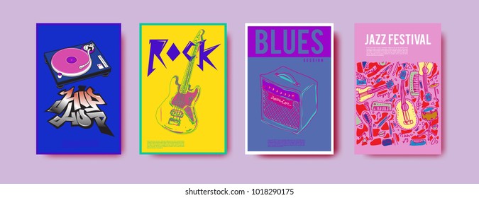 Vector set of music event poster design template. Rock, jazz, blues and hip hop poster design. Eps 10. 