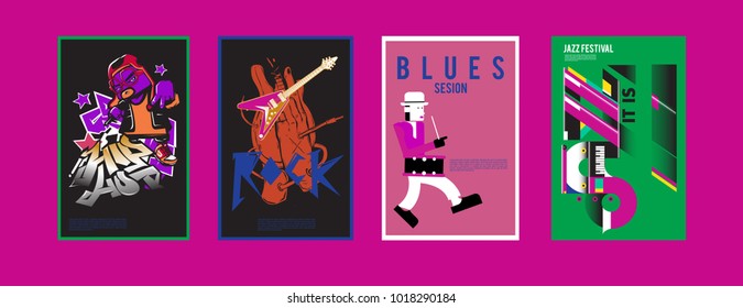 Vector set of music event poster design template. Rock, jazz, blues and hip hop poster design. Eps 10. 