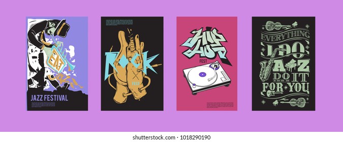Vector set of music event poster design template. Rock, jazz, blues and hip hop poster design. Eps 10. 