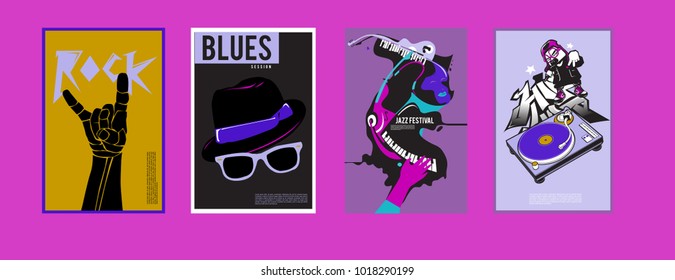 Vector set of music event poster design template. Rock, jazz, blues and hip hop poster design. Eps 10. 