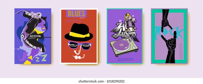 Vector set of music event poster design template. Rock, jazz, blues and hip hop poster design. Eps 10. 