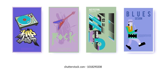 Vector set of music event poster design template. Rock, jazz, blues and hip hop poster design. Eps 10. 