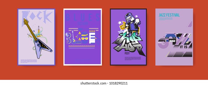 Vector set of music event poster design template. Rock, jazz, blues and hip hop poster design. Eps 10. 