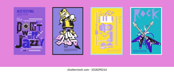 Vector set of music event poster design template. Rock, jazz, blues and hip hop poster design. Eps 10. 