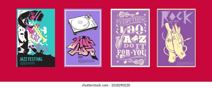 Vector set of music event poster design template. Rock, jazz, blues and hip hop poster design. Eps 10. 