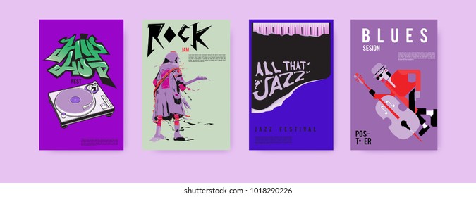 Vector set of music event poster design template. Rock, jazz, blues and hip hop poster design. Eps 10. 