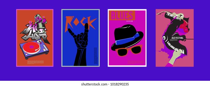 Vector set of music event poster design template. Rock, jazz, blues and hip hop poster design. Eps 10. 