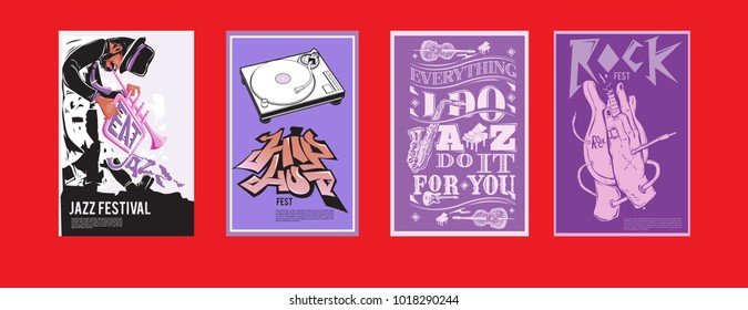 Vector set of music event poster design template. Rock, jazz, blues and hip hop poster design. Eps 10. 