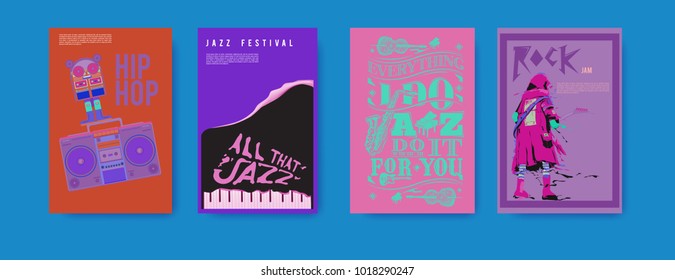Vector set of music event poster design template. Rock, jazz, blues and hip hop poster design. Eps 10. 