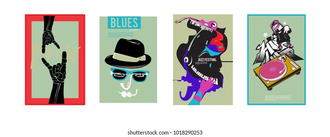 Vector set of music event poster design template. Rock, jazz, blues and hip hop poster design. Eps 10. 
