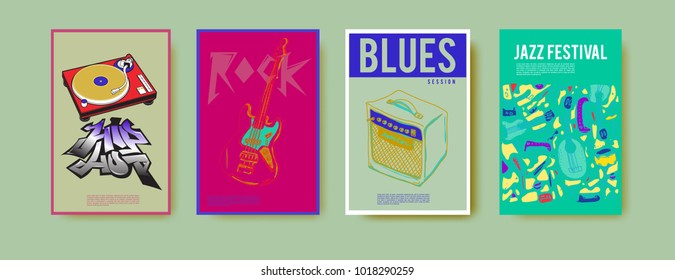 Vector set of music event poster design template. Rock, jazz, blues and hip hop poster design. Eps 10. 