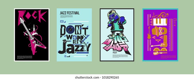Vector set of music event poster design template. Rock, jazz, blues and hip hop poster design. Eps 10. 