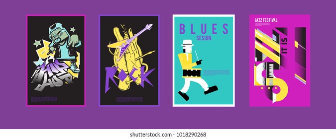 Vector set of music event poster design template. Rock, jazz, blues and hip hop poster design. Eps 10. 