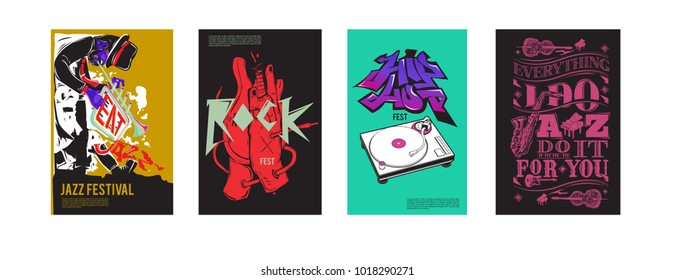 Vector set of music event poster design template. Rock, jazz, blues and hip hop poster design. Eps 10. 