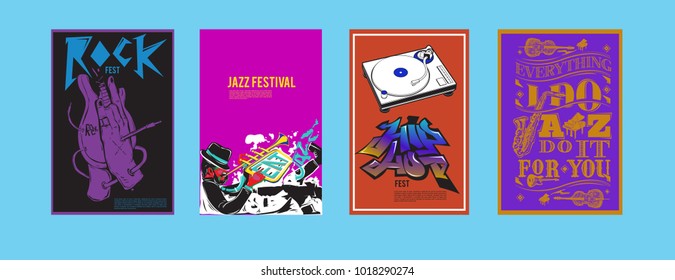 Vector set of music event poster design template. Rock, jazz, blues and hip hop poster design. Eps 10. 