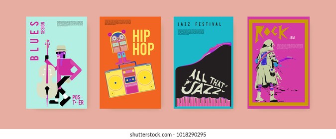 Vector set of music event poster design template. Rock, jazz, blues and hip hop poster design. Eps 10. 