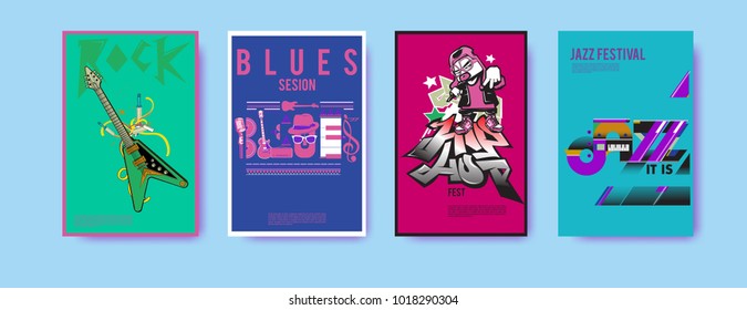 Vector set of music event poster design template. Rock, jazz, blues and hip hop poster design. Eps 10. 