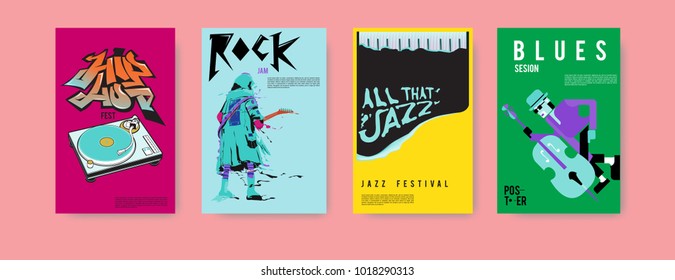 Vector set of music event poster design template. Rock, jazz, blues and hip hop poster design. Eps 10. 