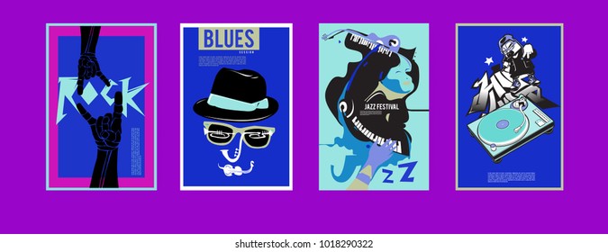 Vector set of music event poster design template. Rock, jazz, blues and hip hop poster design. Eps 10. 