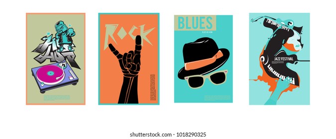 Vector set of music event poster design template. Rock, jazz, blues and hip hop poster design. Eps 10. 