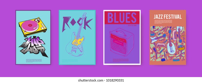 Vector set of music event poster design template. Rock, jazz, blues and hip hop poster design. Eps 10. 