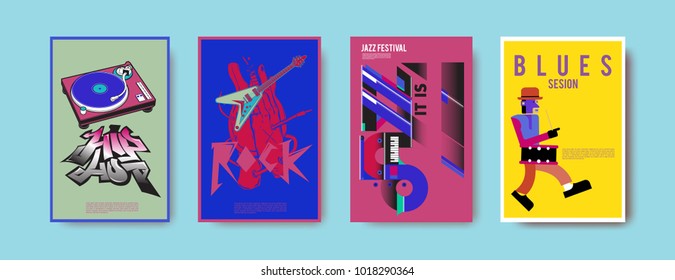 Vector set of music event poster design template. Rock, jazz, blues and hip hop poster design. Eps 10. 