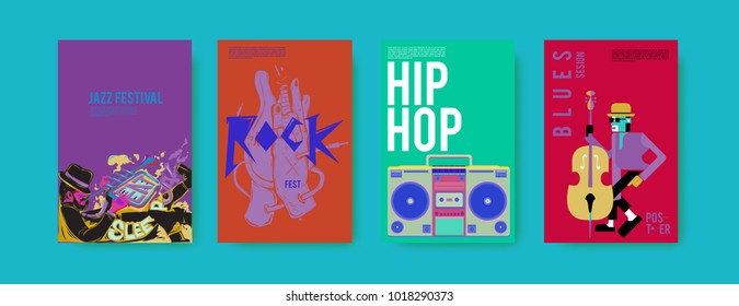 Vector set of music event poster design template. Rock, jazz, blues and hip hop poster design. Eps 10. 