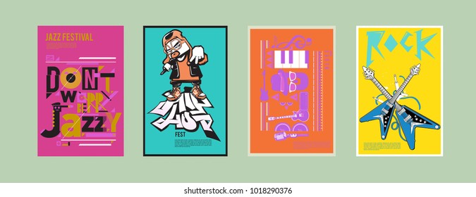 Vector set of music event poster design template. Rock, jazz, blues and hip hop poster design. Eps 10. 