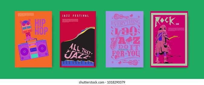 Vector set of music event poster design template. Rock, jazz, blues and hip hop poster design. Eps 10. 
