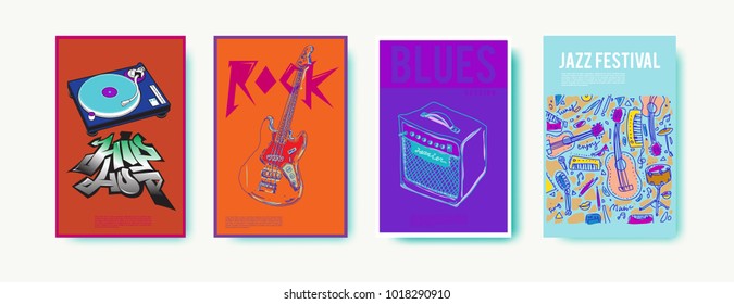 Vector set of music event poster design template. Rock, jazz, blues and hip hop poster design. Eps 10. 