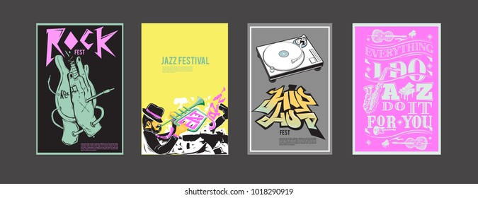 Vector set of music event poster design template. Rock, jazz, blues and hip hop poster design. Eps 10. 