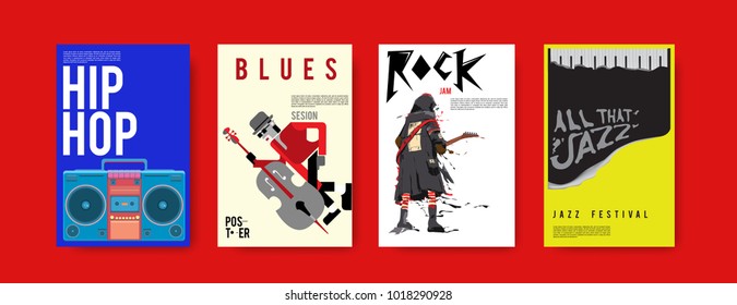 Vector set of music event poster design template. Rock, jazz, blues and hip hop poster design. Eps 10. 