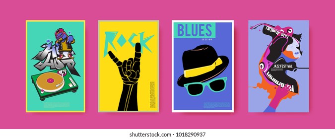 Vector set of music event poster design template. Rock, jazz, blues and hip hop poster design. Eps 10. 