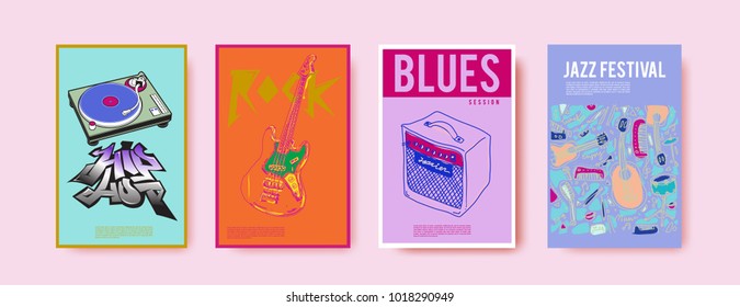 Vector set of music event poster design template. Rock, jazz, blues and hip hop poster design. Eps 10. 