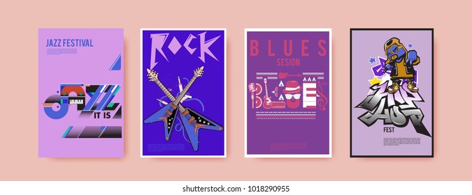 Vector set of music event poster design template. Rock, jazz, blues and hip hop poster design. Eps 10. 