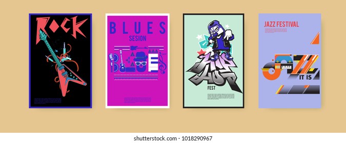 Vector set of music event poster design template. Rock, jazz, blues and hip hop poster design. Eps 10. 